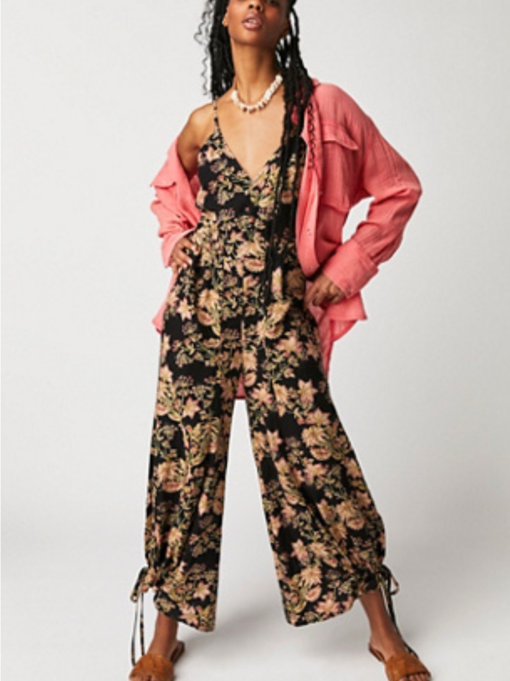 Free People Black Floral Wide-Leg Spaghetti-Strap Jumpsuit - Picture 13 of 15